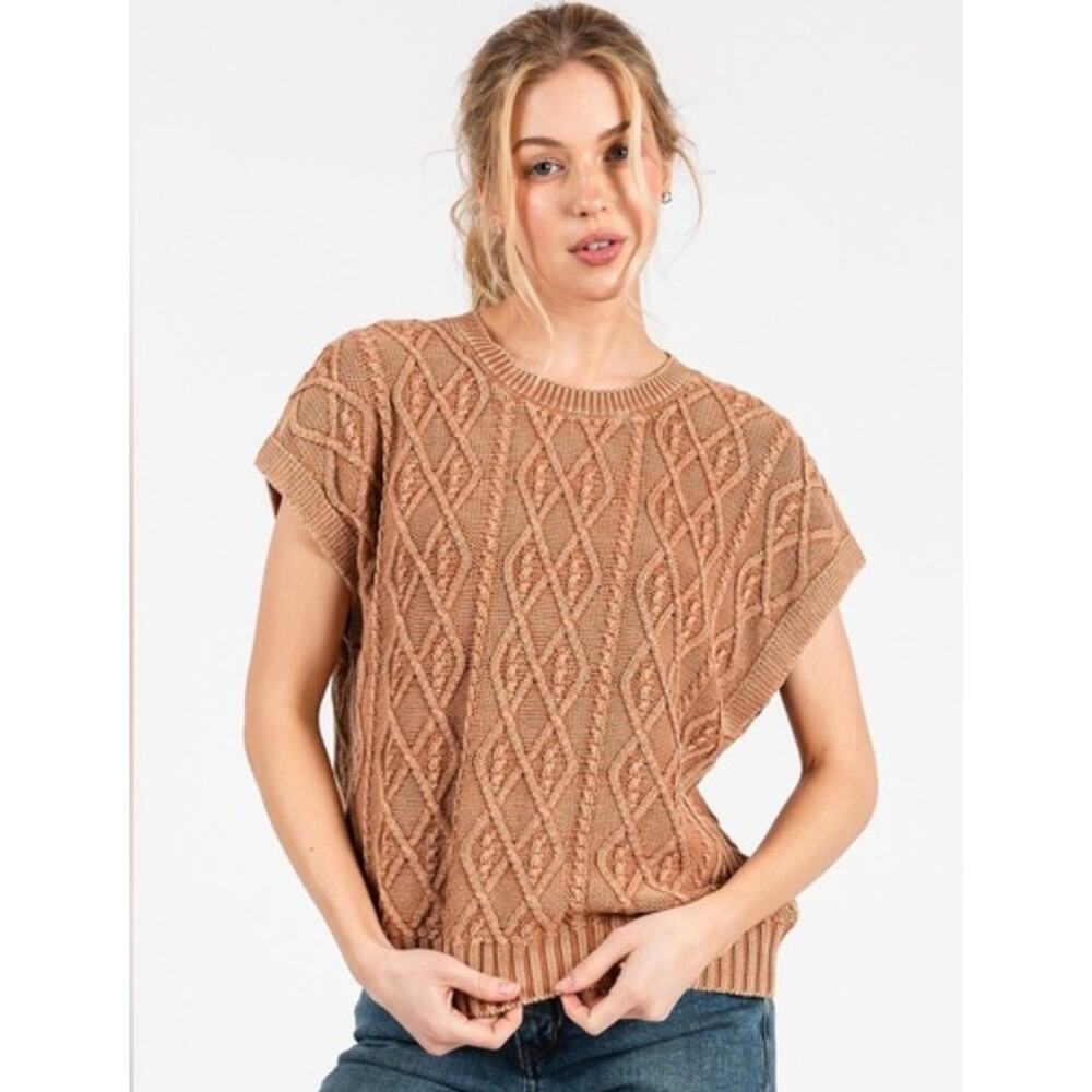 Mittoshop Cable Knit Sweater Womens Large Mauve Cap Sleeve Textured Knit Top